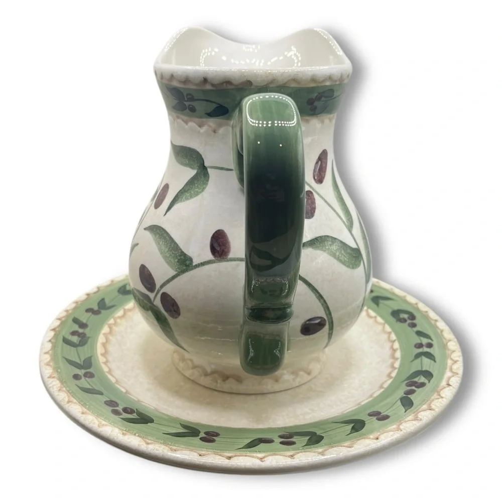 Oliveto by Oneida Vintage Stoneware Hand painted Pitcher & 11” Platter/Plate